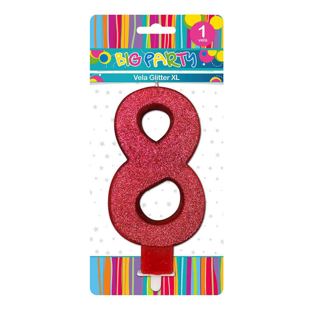 Vela Glitter N°8 al 13 cm Gold/Silver/Red | Big Party